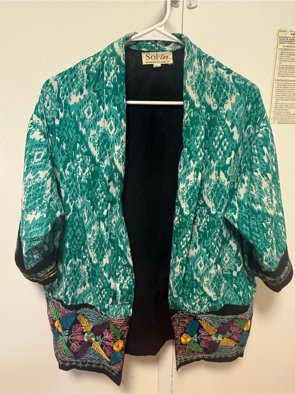 Teal Patterned Open Front Kimono Jacket